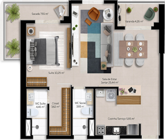 Planta tipo A - 65,12m² - Sala ampliada | WC social | 1 ou 2 vagas